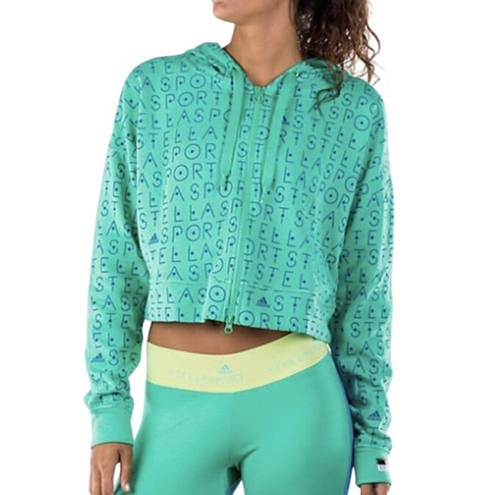 Adidas Stellasport Stella McCartney Green Logo Graphic Crop Hoodie Top L